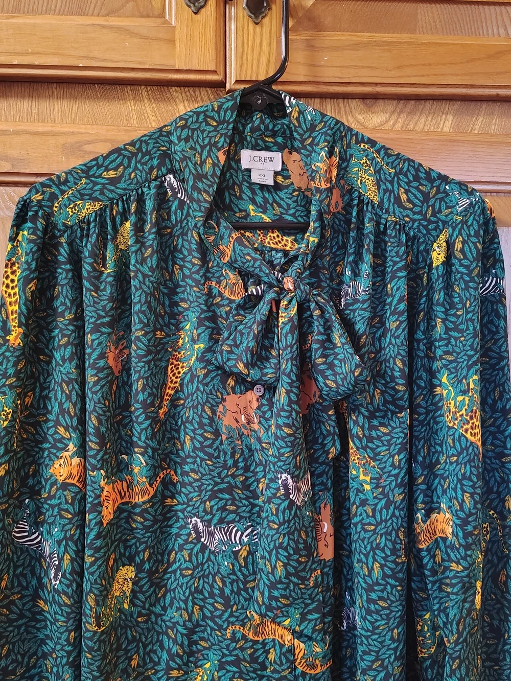 J. Crew Blouse Womens XXL Green Jungle Animal-Print Tie-Neck Giraffe Tiger Zebra